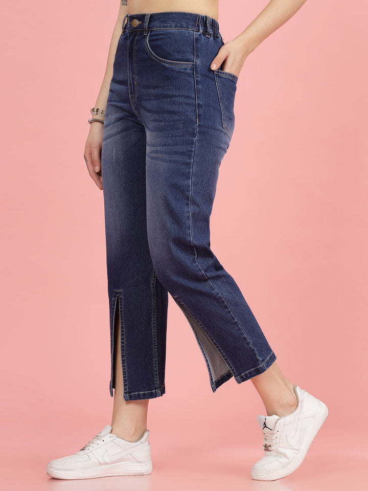 Women Blue High-Rise Clean Look Heavy Fade Front Slit Cotton Jeans