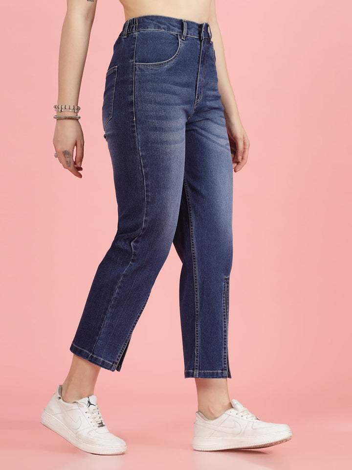 Women Blue High-Rise Clean Look Heavy Fade Front Slit Cotton Jeans