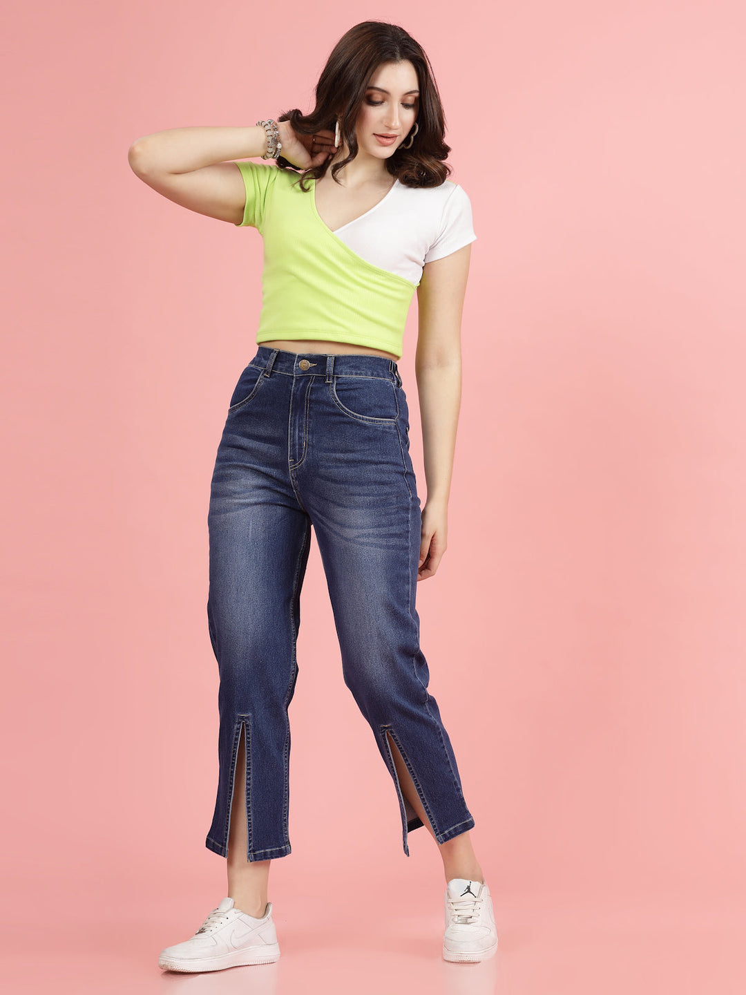 Women Blue High-Rise Clean Look Heavy Fade Front Slit Cotton Jeans