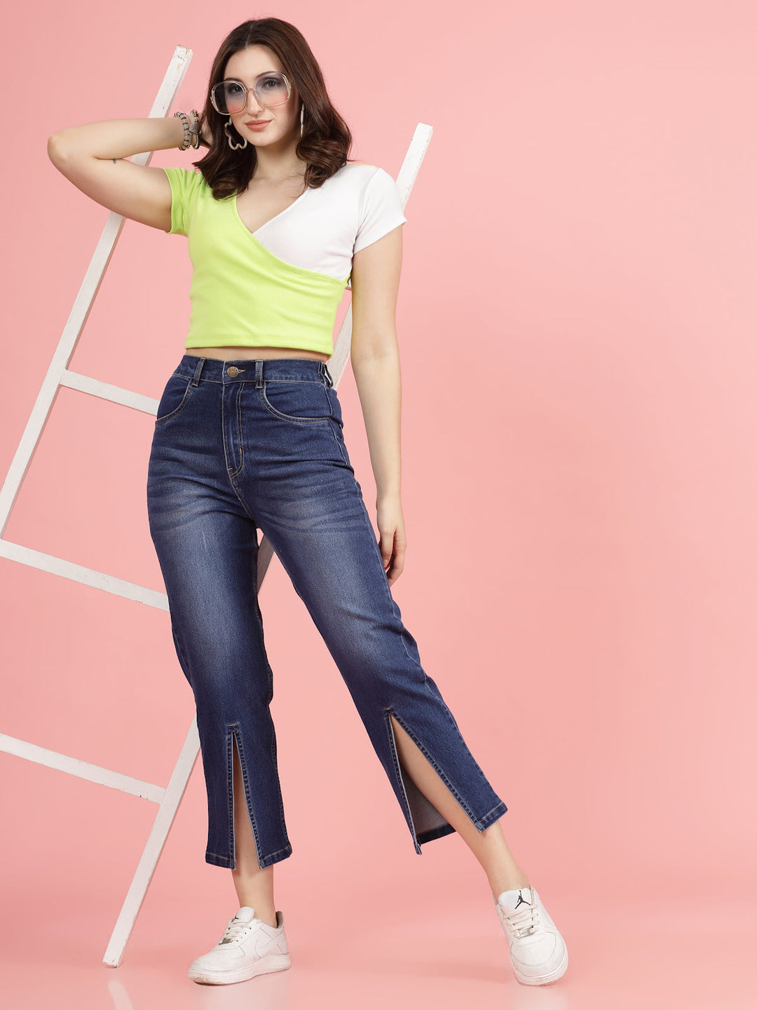 Women Blue High-Rise Clean Look Heavy Fade Front Slit Cotton Jeans