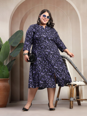Plus Size Floral Print A-Line Midi Dress