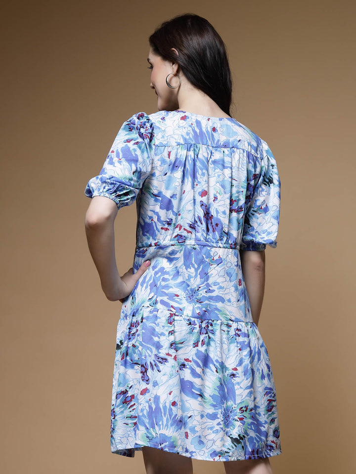 Blue Floral Pinted Puff Sleeves Gathered Fit & Flare Dress