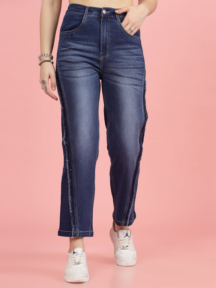 Women Blue High-Rise Clean Look Light Fade Frayed Hem Cotton Jeans