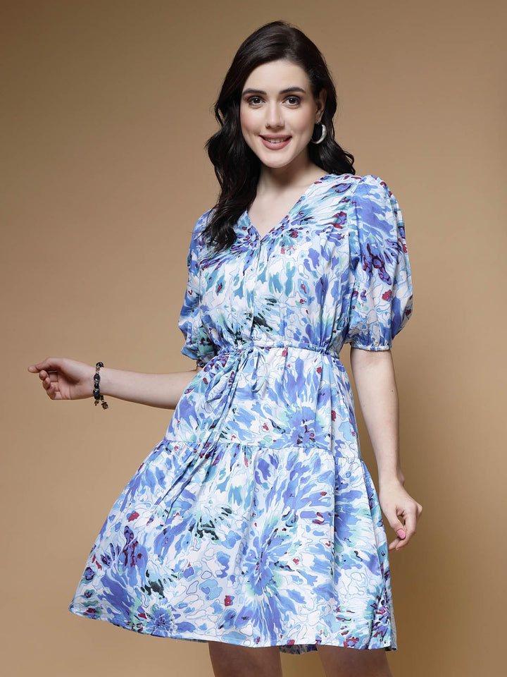 Blue Floral Pinted Puff Sleeves Gathered Fit & Flare Dress