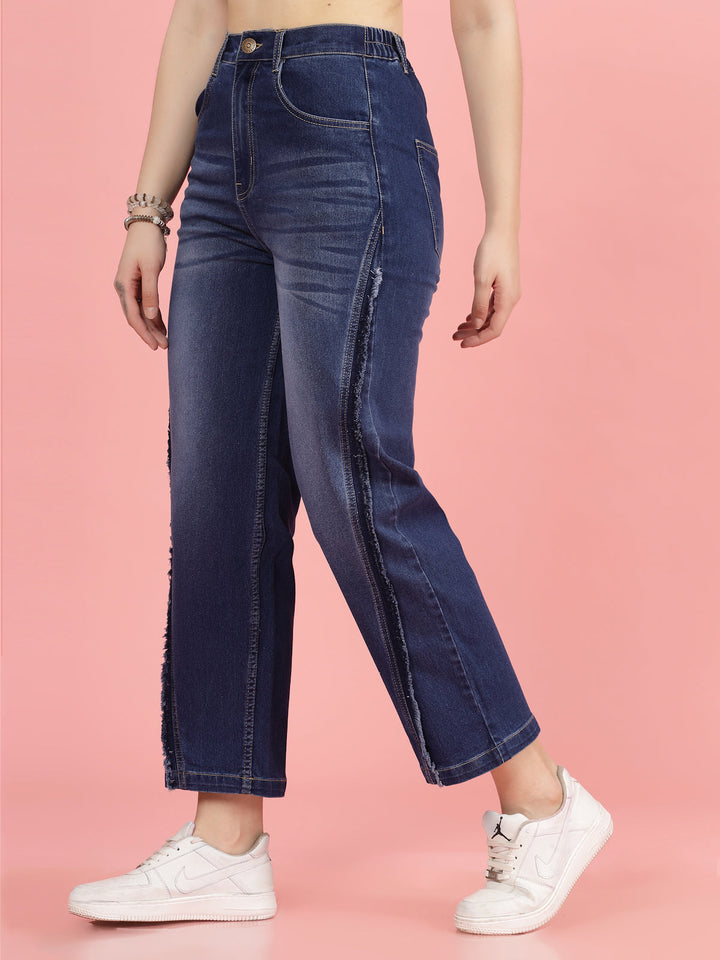 Women Blue High-Rise Clean Look Light Fade Frayed Hem Cotton Jeans