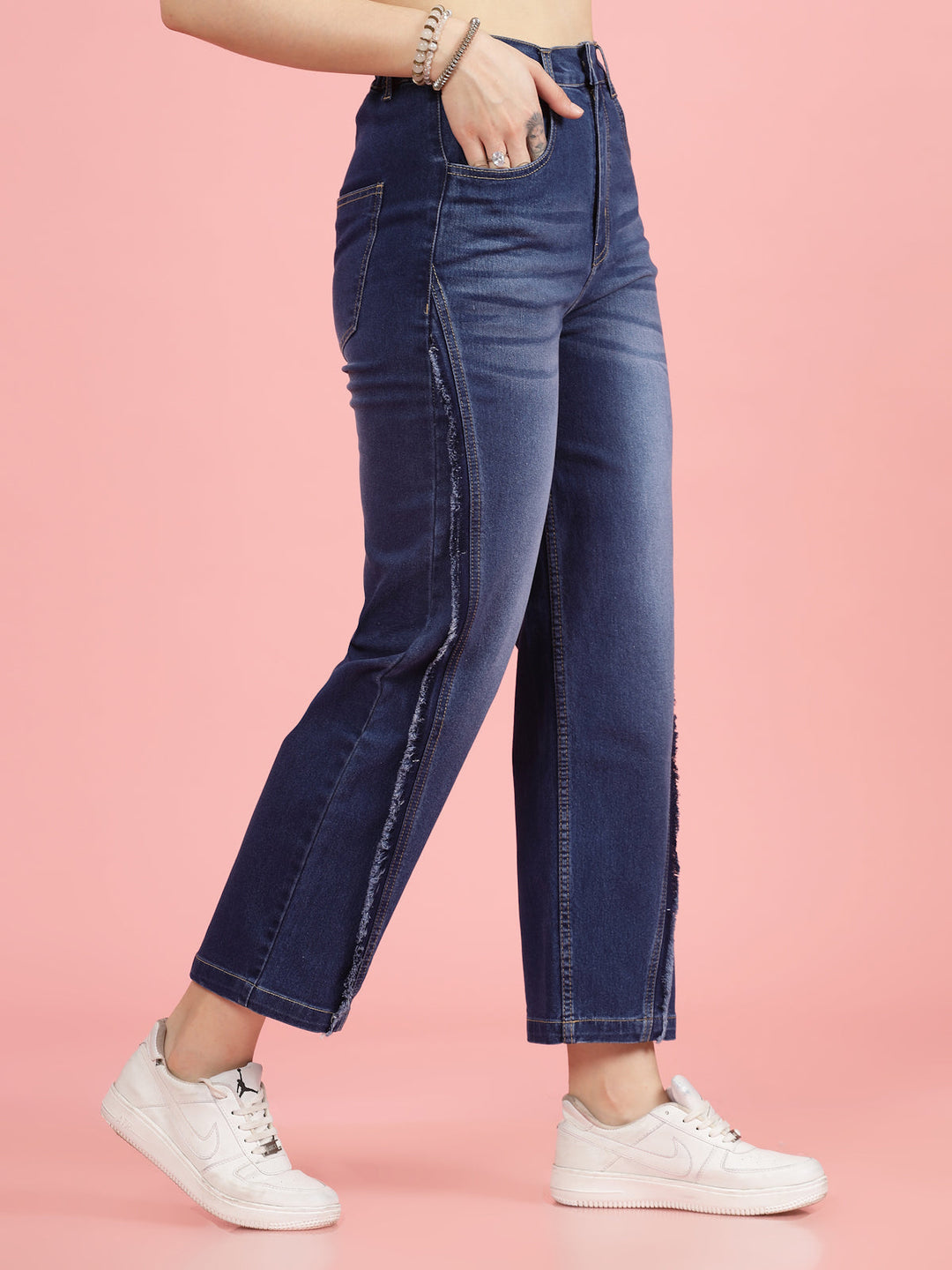 Women Blue High-Rise Clean Look Light Fade Frayed Hem Cotton Jeans