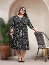 Plus Size Abstract Printed Puff Sleeve Midi Dress