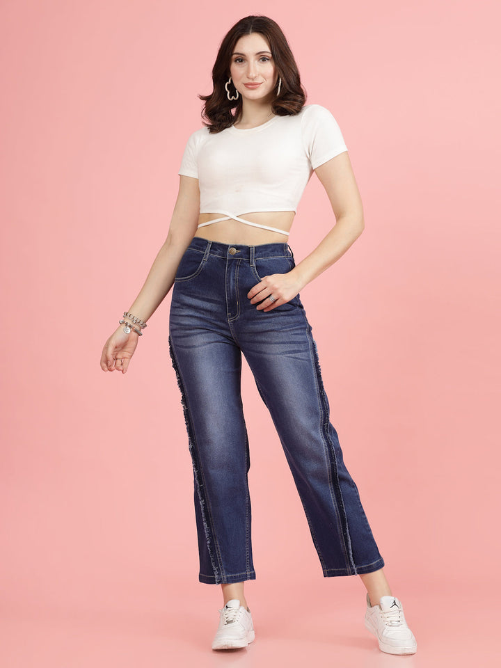 Women Blue High-Rise Clean Look Light Fade Frayed Hem Cotton Jeans