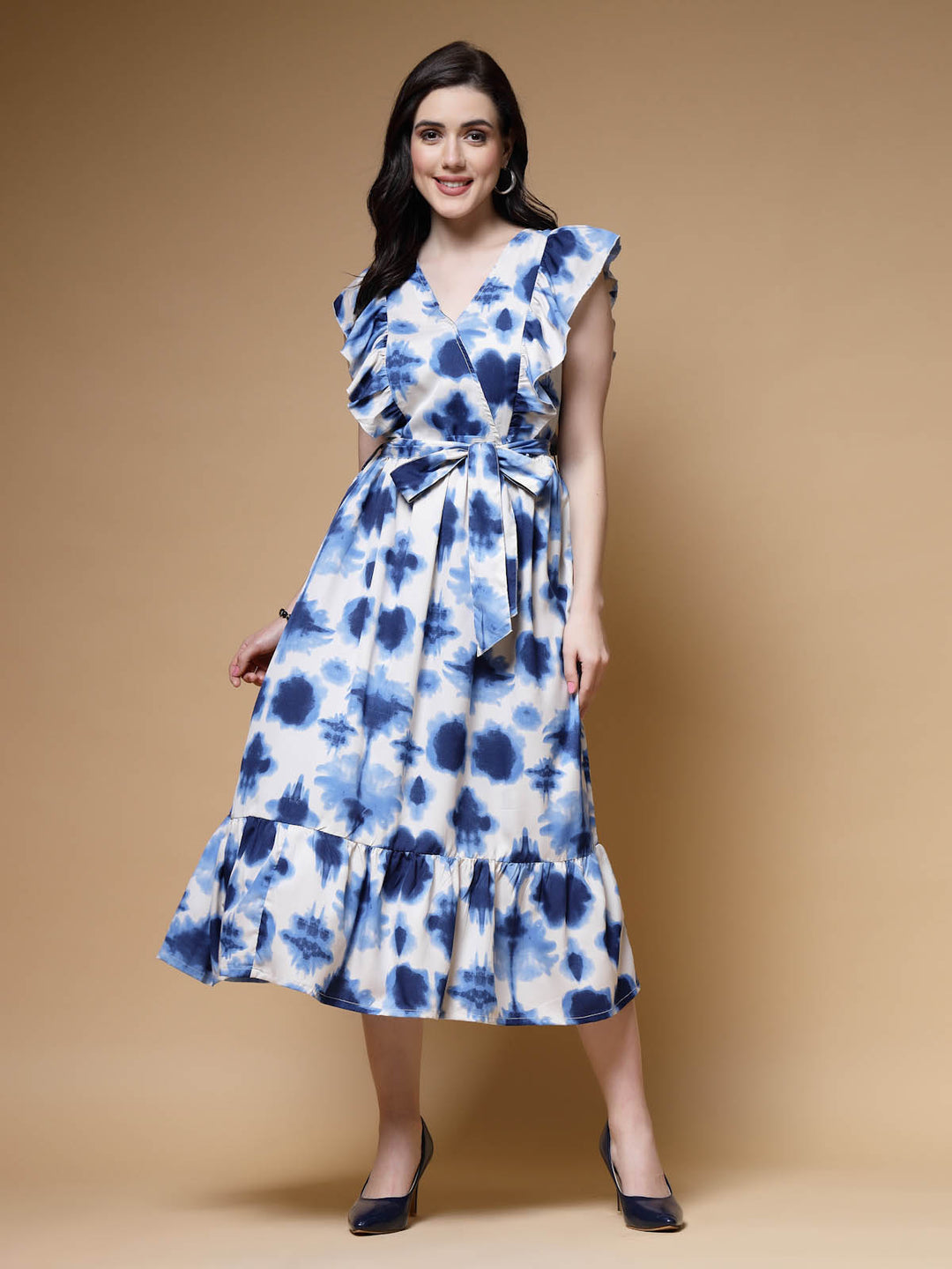 Blue Abstract Printed Flutter Sleeves Fit & Flare Midi Dress