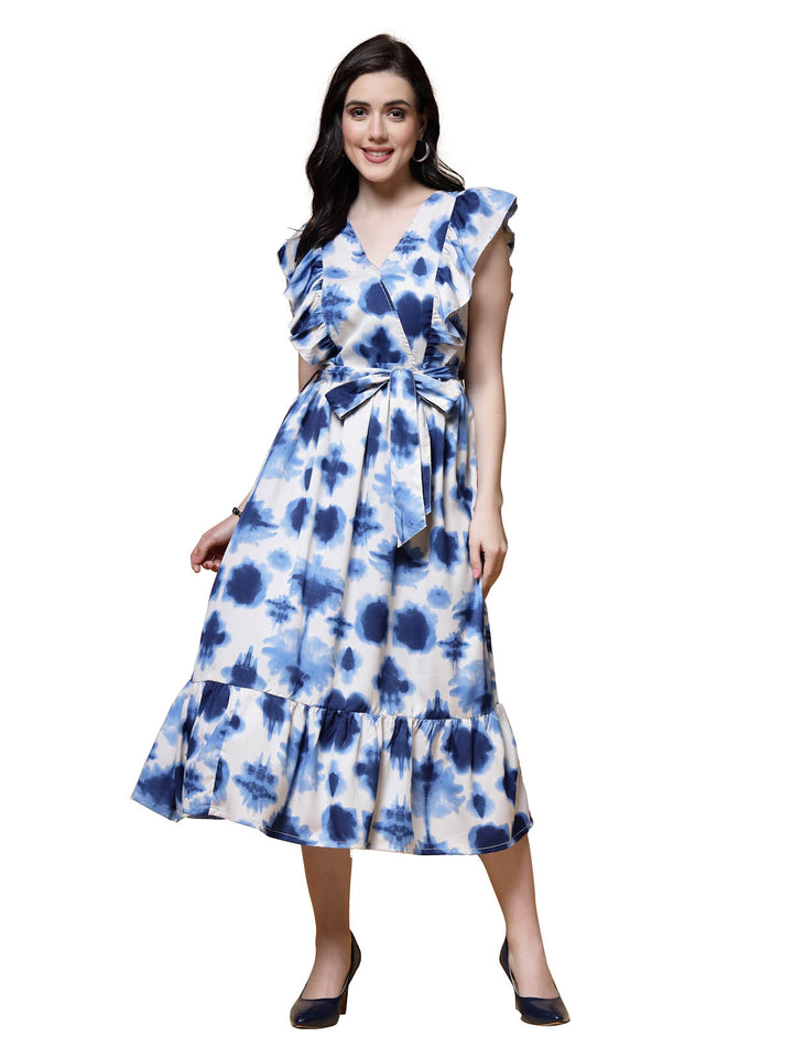 Blue Abstract Printed Flutter Sleeves Fit & Flare Midi Dress