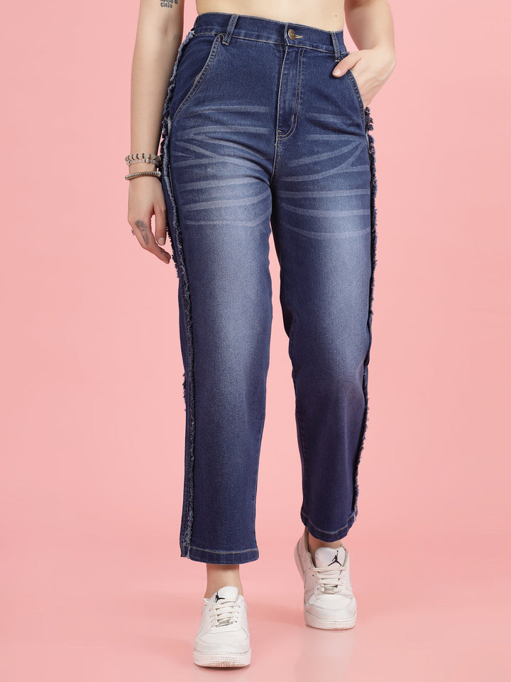 Women Blue High-Rise Clean Look Heavy Fade Frayed Hem Cotton Jeans