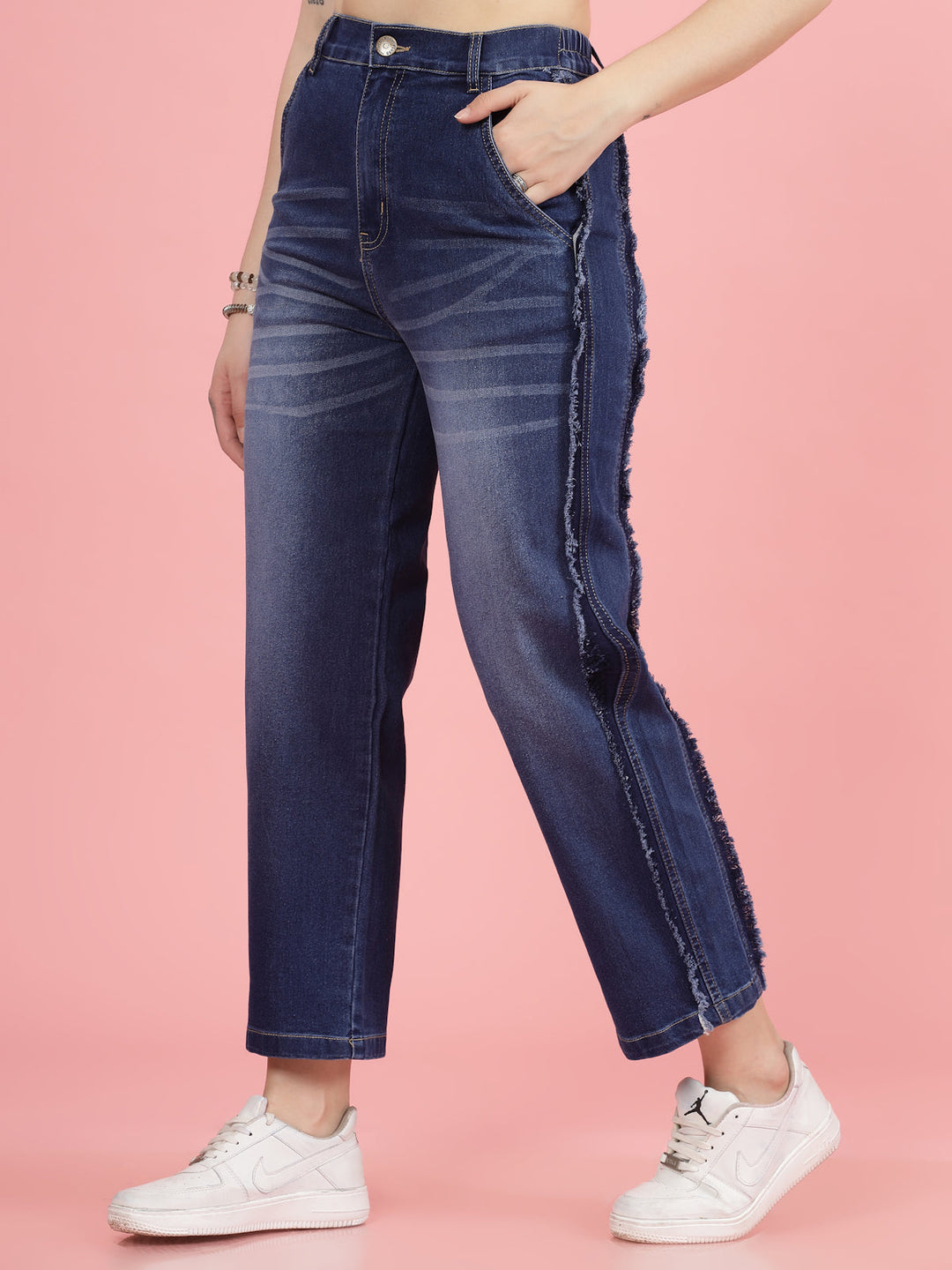 Women Blue High-Rise Clean Look Heavy Fade Frayed Hem Cotton Jeans