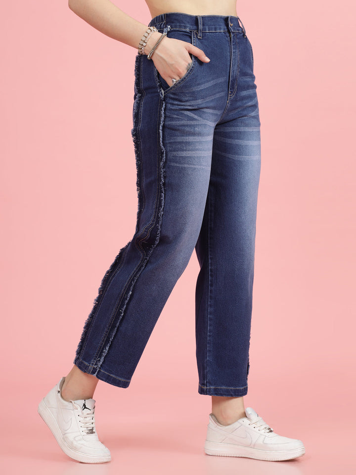 Women Blue High-Rise Clean Look Heavy Fade Frayed Hem Cotton Jeans