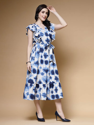 Blue Abstract Printed Flutter Sleeves Fit & Flare Midi Dress