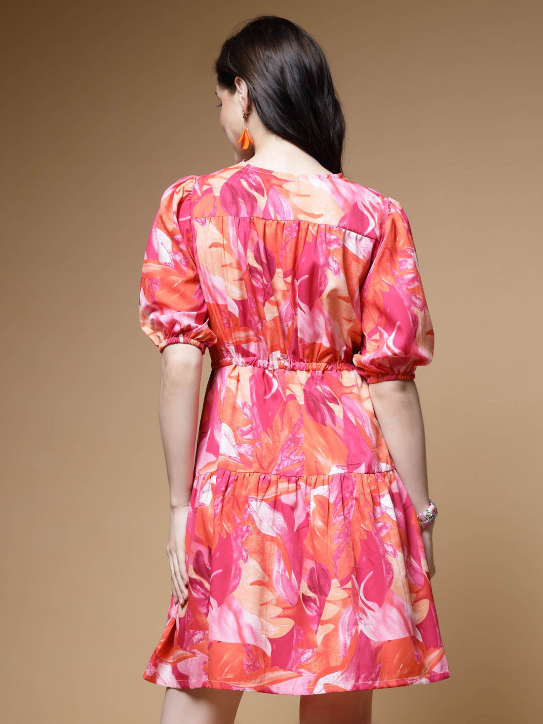 Pink Floral Printed Puff Sleeves Gathered Fit & Flare Dress