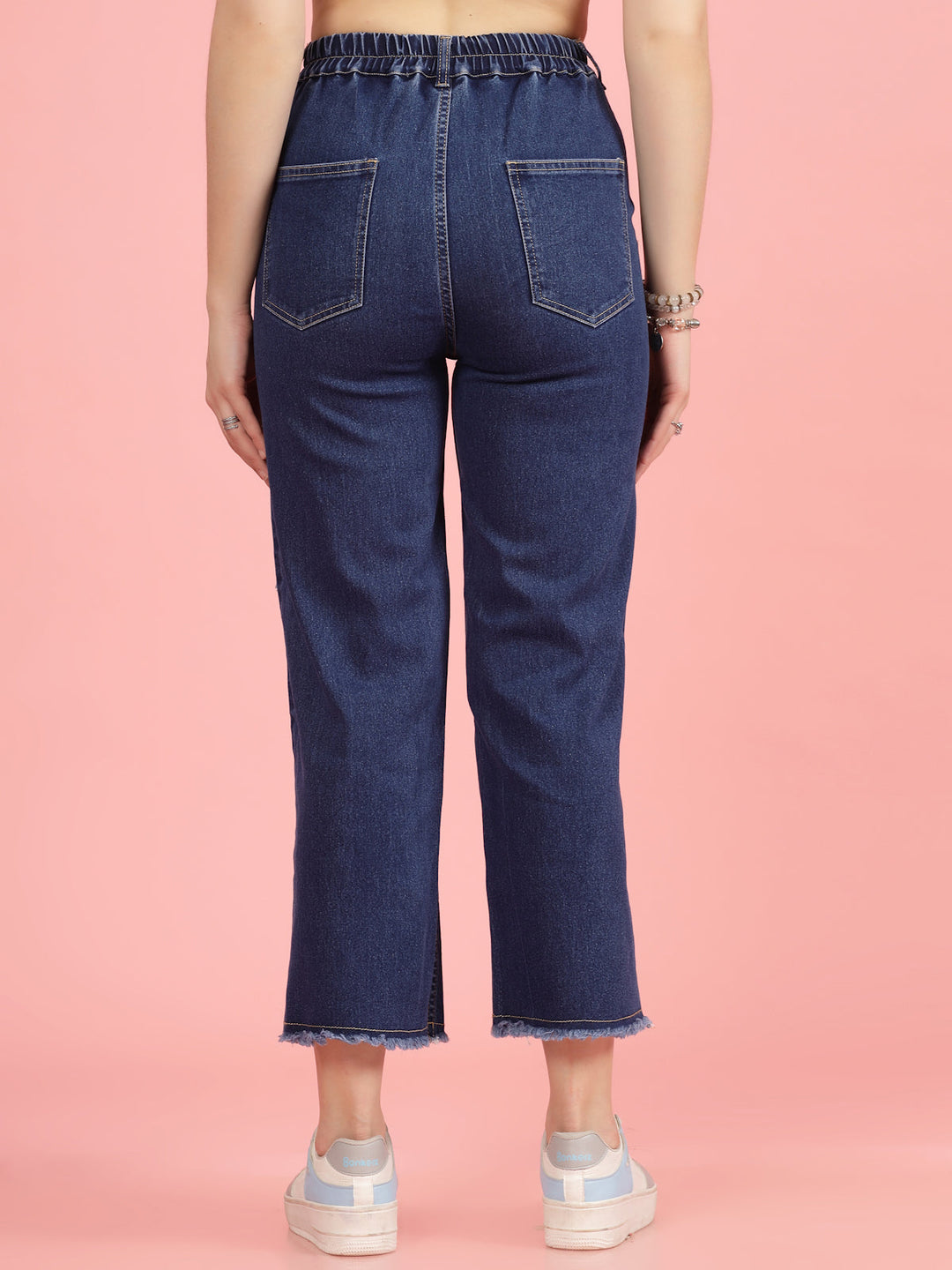 Women Blue High-Rise Clean Look Frayed Hem Cotton Jeans