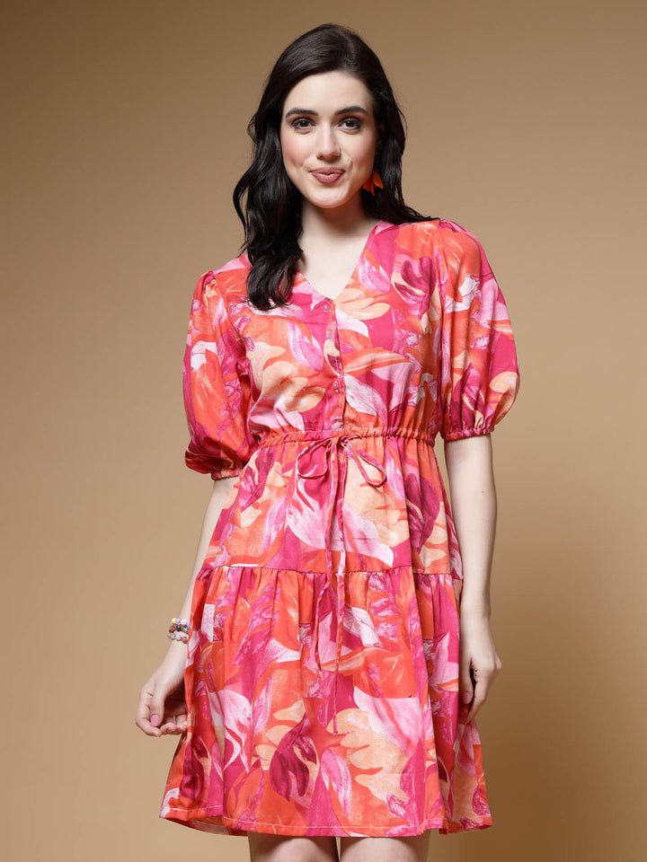 Pink Floral Printed Puff Sleeves Gathered Fit & Flare Dress