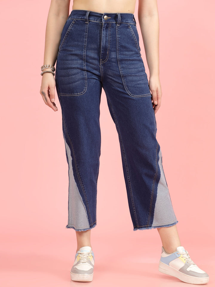 Women Blue High-Rise Clean Look Frayed Hem Cotton Jeans