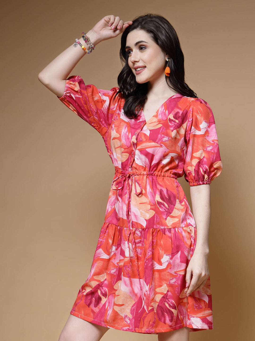 Pink Floral Printed Puff Sleeves Gathered Fit & Flare Dress