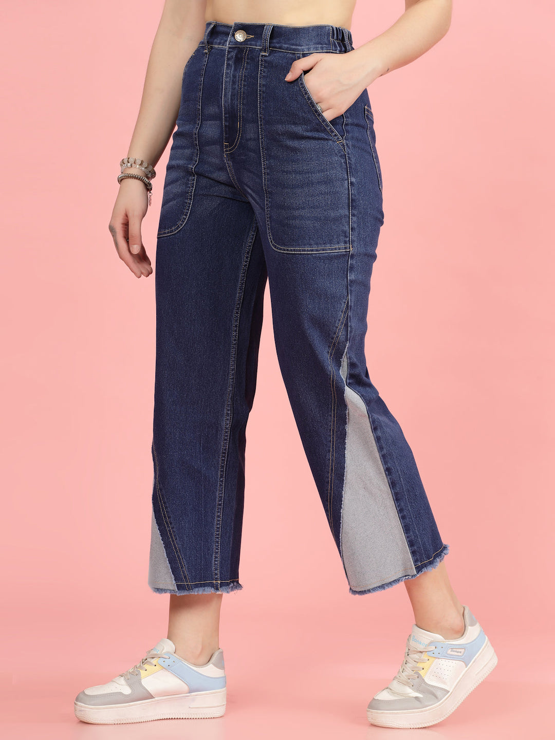 Women Blue High-Rise Clean Look Frayed Hem Cotton Jeans