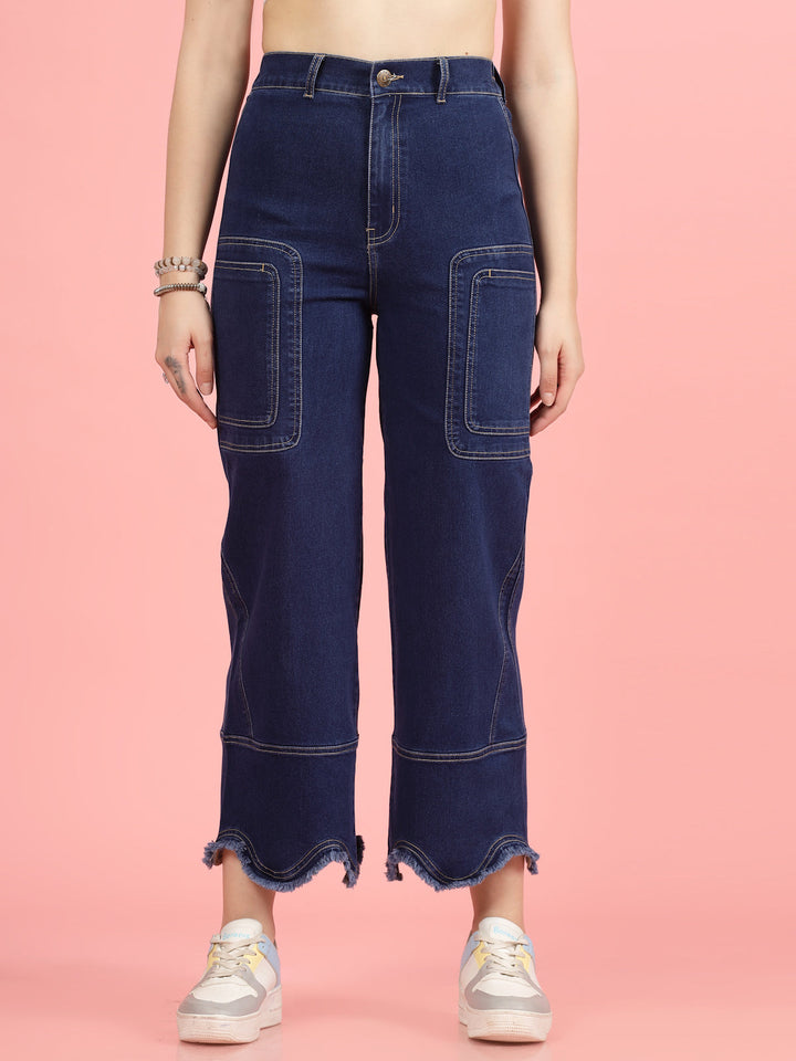 Women Blue High-Rise Clean Look Frayed Hem Cotton Jeans