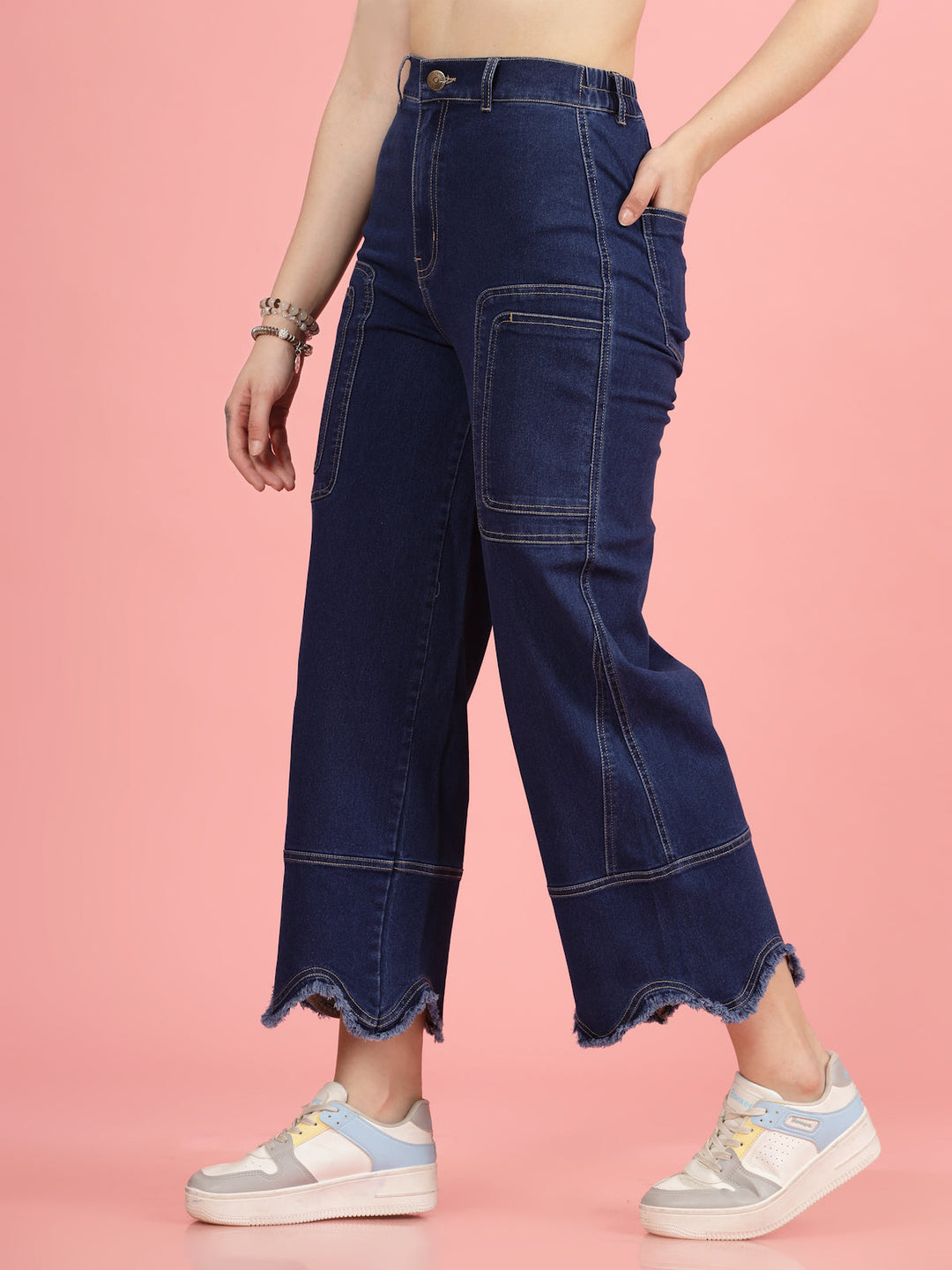 Women Blue High-Rise Clean Look Frayed Hem Cotton Jeans