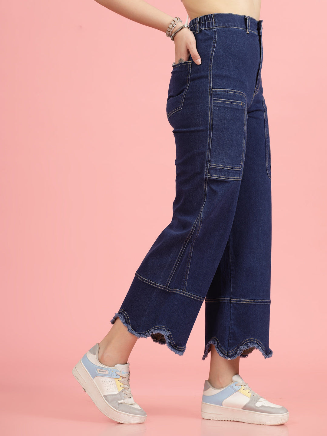 Women Blue High-Rise Clean Look Frayed Hem Cotton Jeans