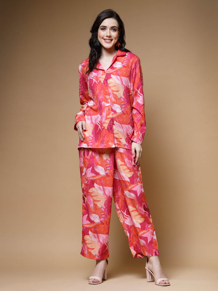 Pink Printed Long Sleeves Shirt With Trousers