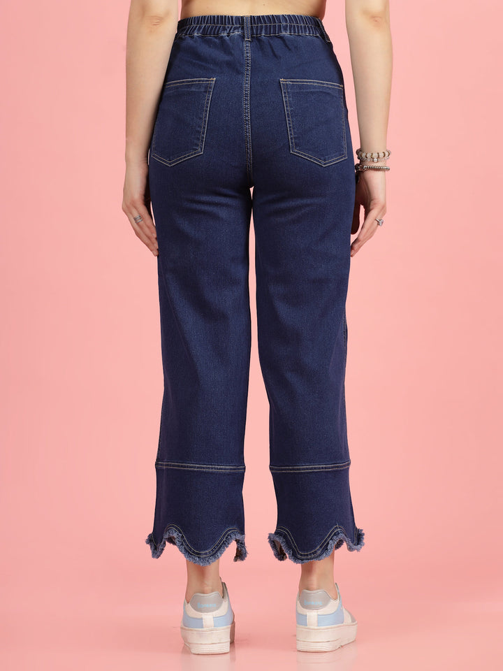 Women Blue High-Rise Clean Look Frayed Hem Cotton Jeans