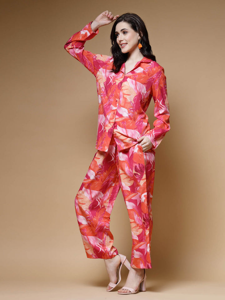 Pink Printed Long Sleeves Shirt With Trousers