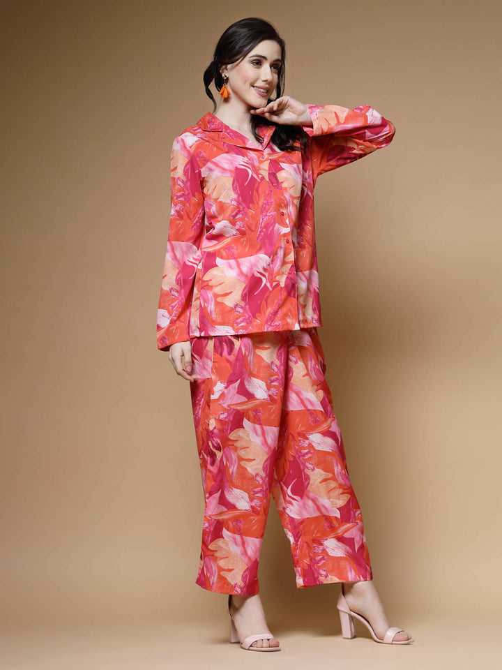 Pink Printed Long Sleeves Shirt With Trousers