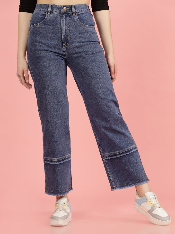 Women Blue High-Rise Clean Look Frayed Hem Cotton Jeans