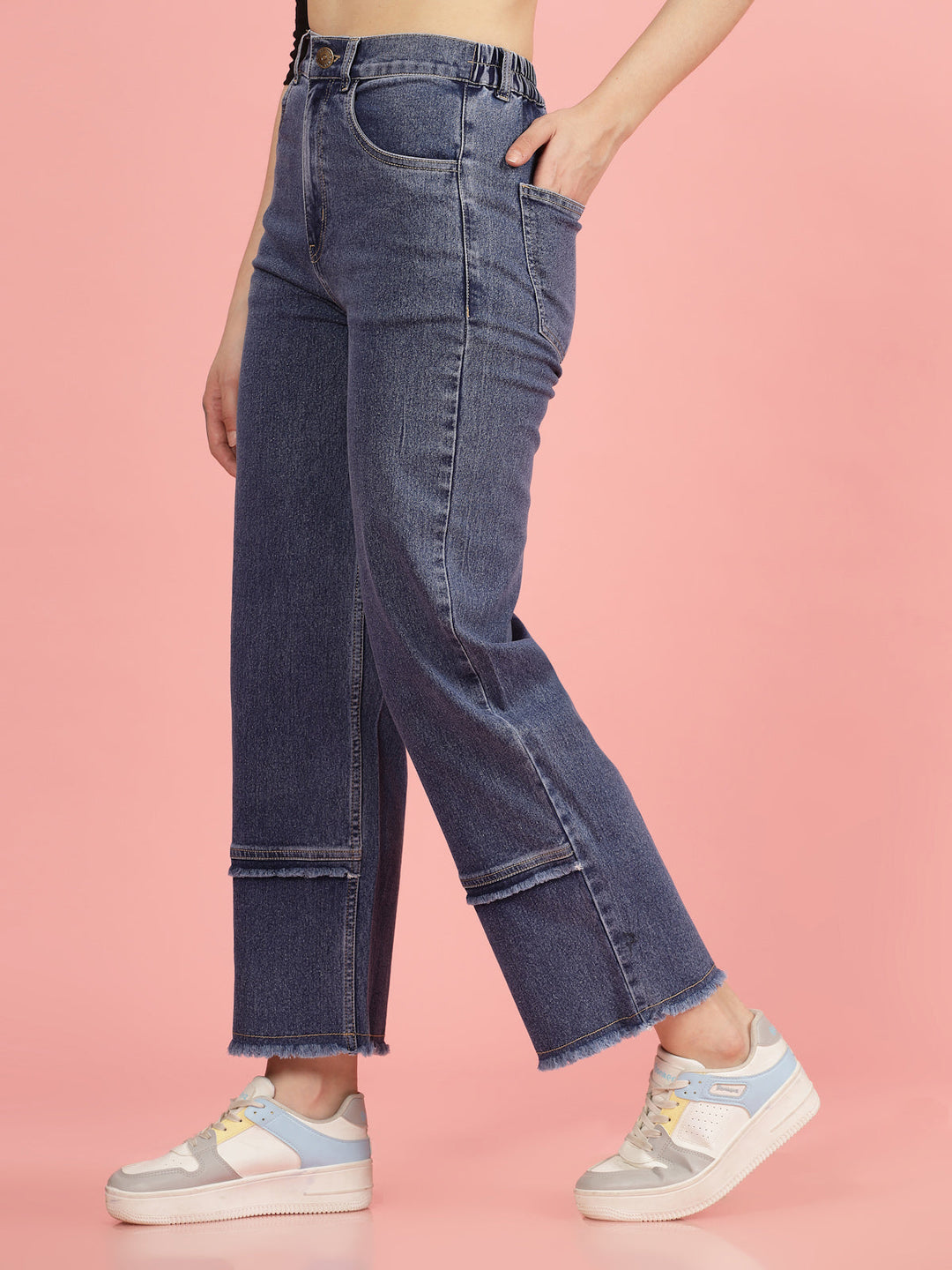 Women Blue High-Rise Clean Look Frayed Hem Cotton Jeans