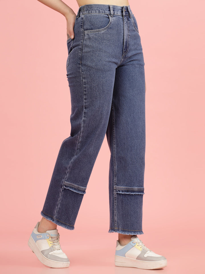 Women Blue High-Rise Clean Look Frayed Hem Cotton Jeans