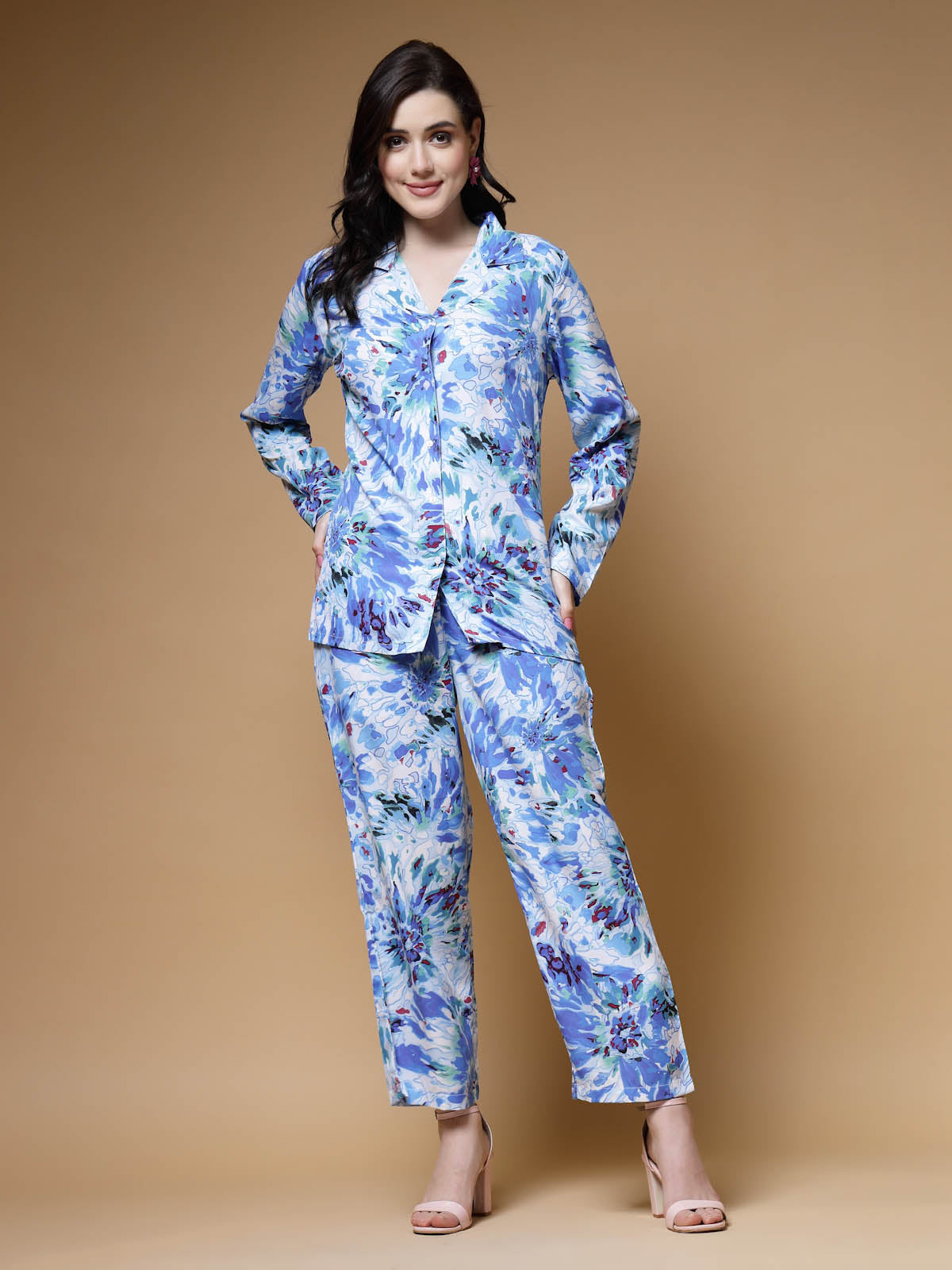 Blue Printed Long Sleeves Shirt With Trousers