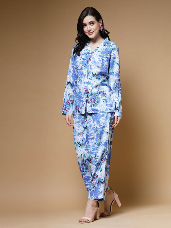 Blue Printed Long Sleeves Shirt With Trousers