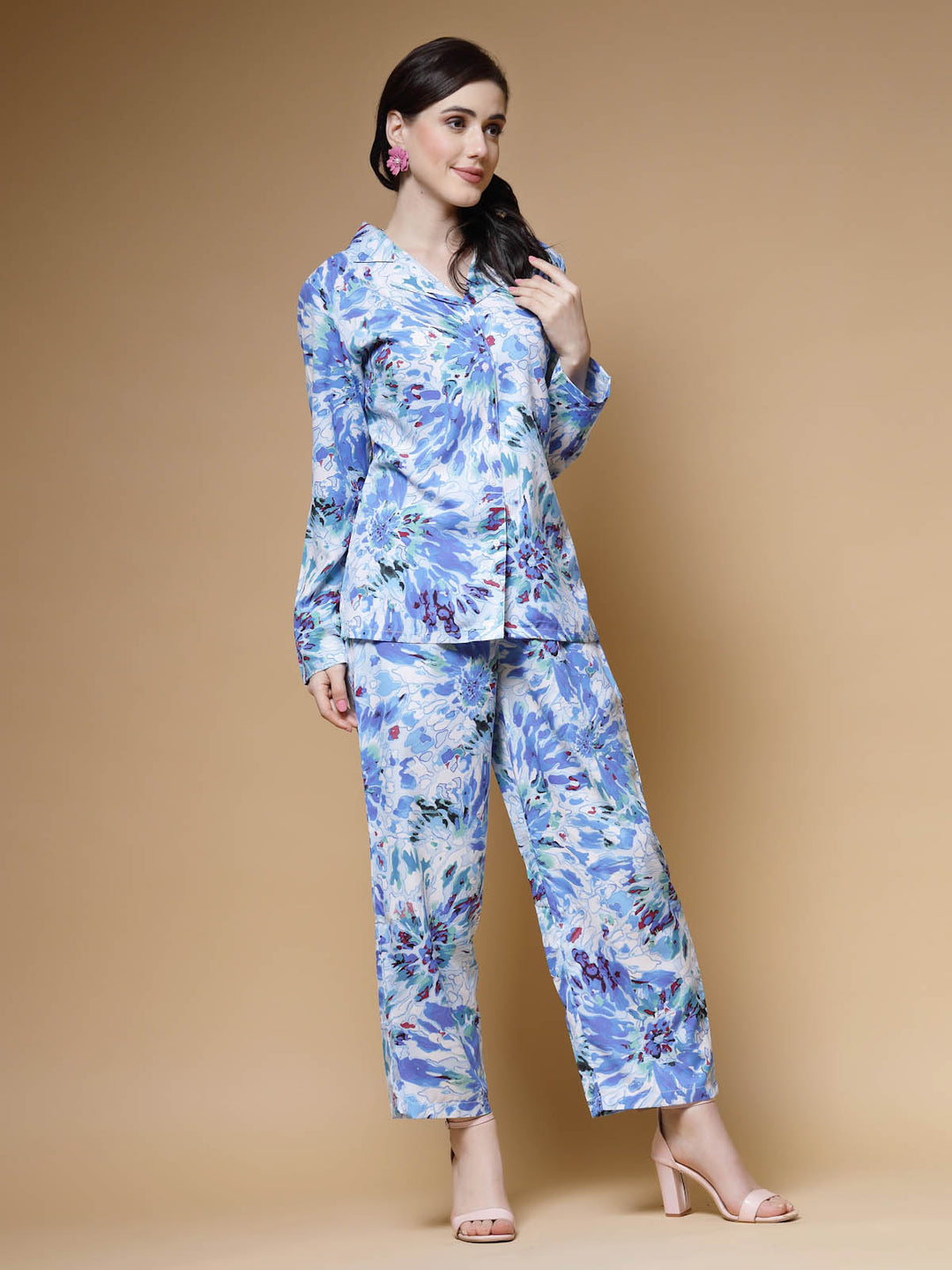 Blue Printed Long Sleeves Shirt With Trousers