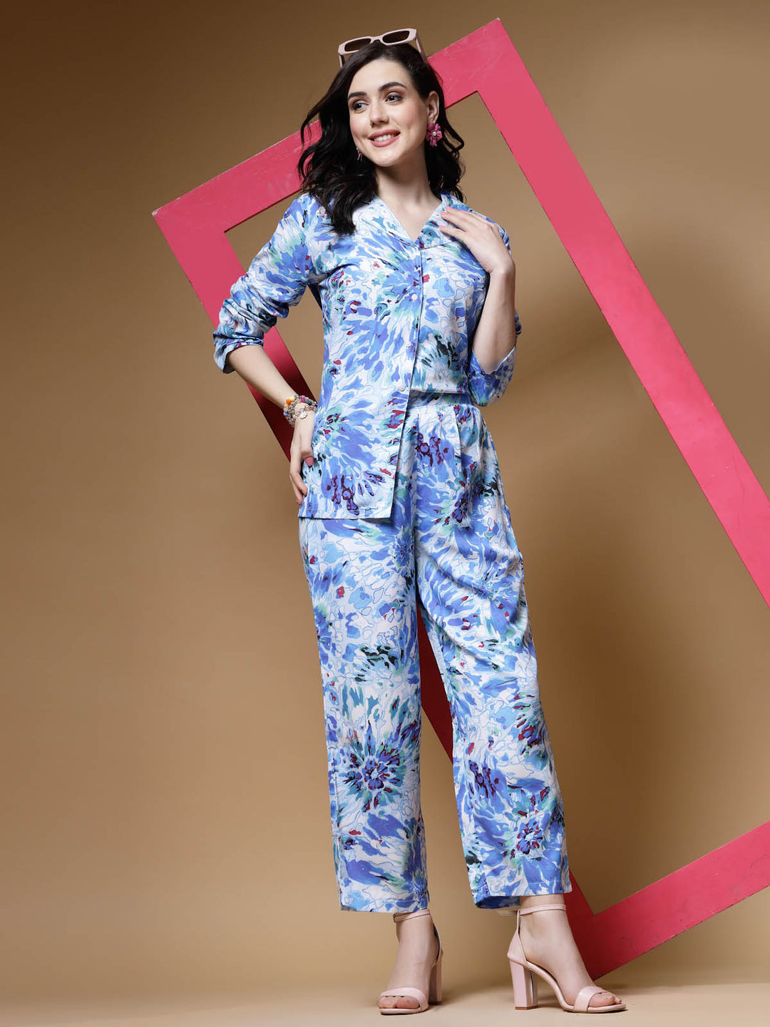 Blue Printed Long Sleeves Shirt With Trousers