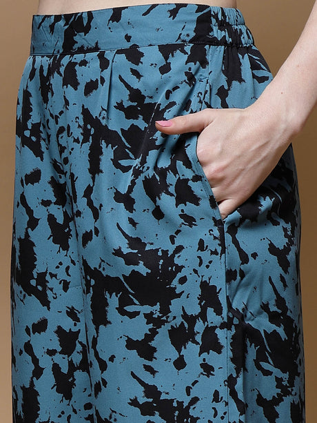 Blue & Black Abstract Printed Shirt With Trousers