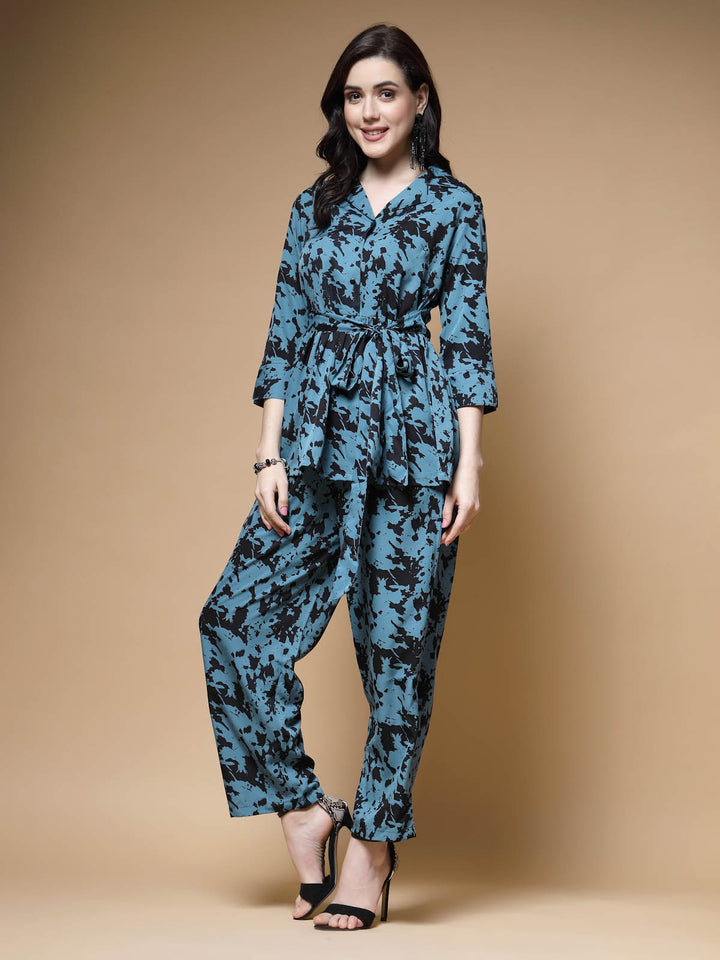 Blue & Black Abstract Printed Shirt With Trousers