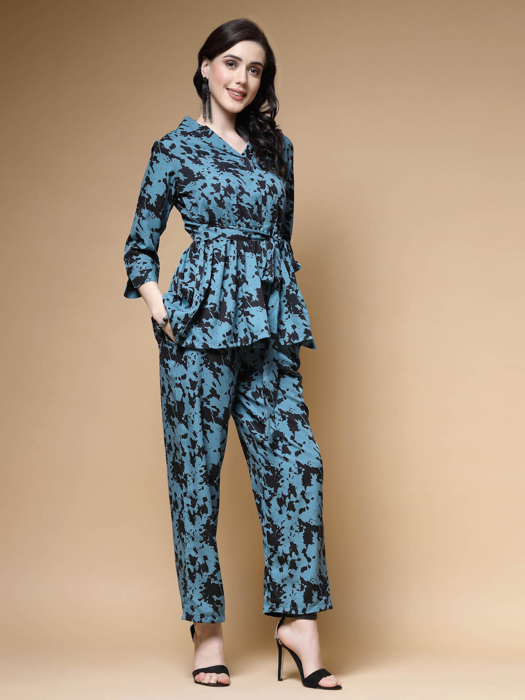 Blue & Black Abstract Printed Shirt With Trousers