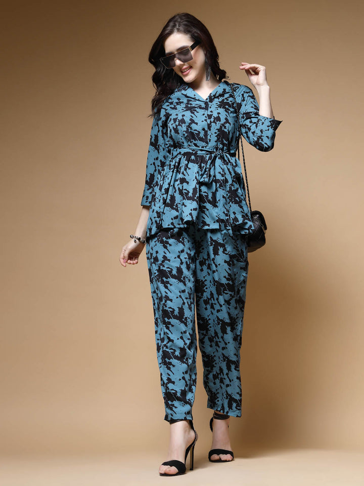 Blue & Black Abstract Printed Shirt With Trousers