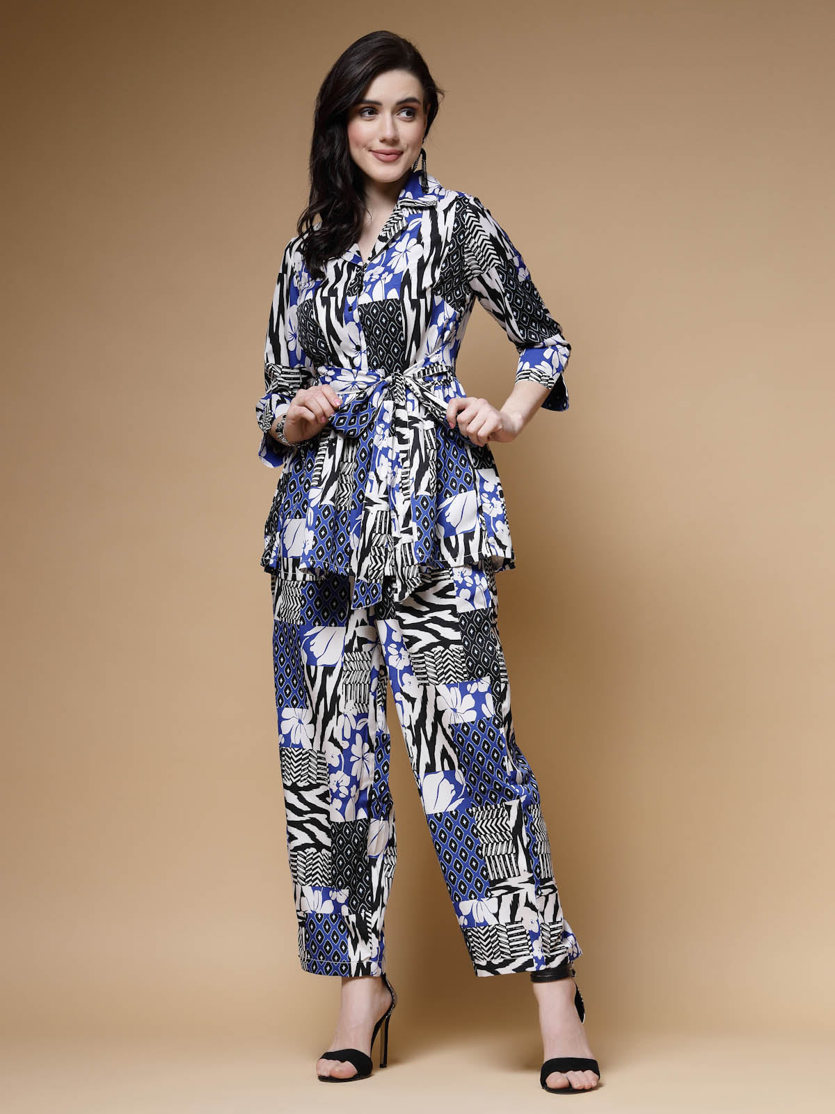 Blue Printed Long Sleeves Shirt With Trousers