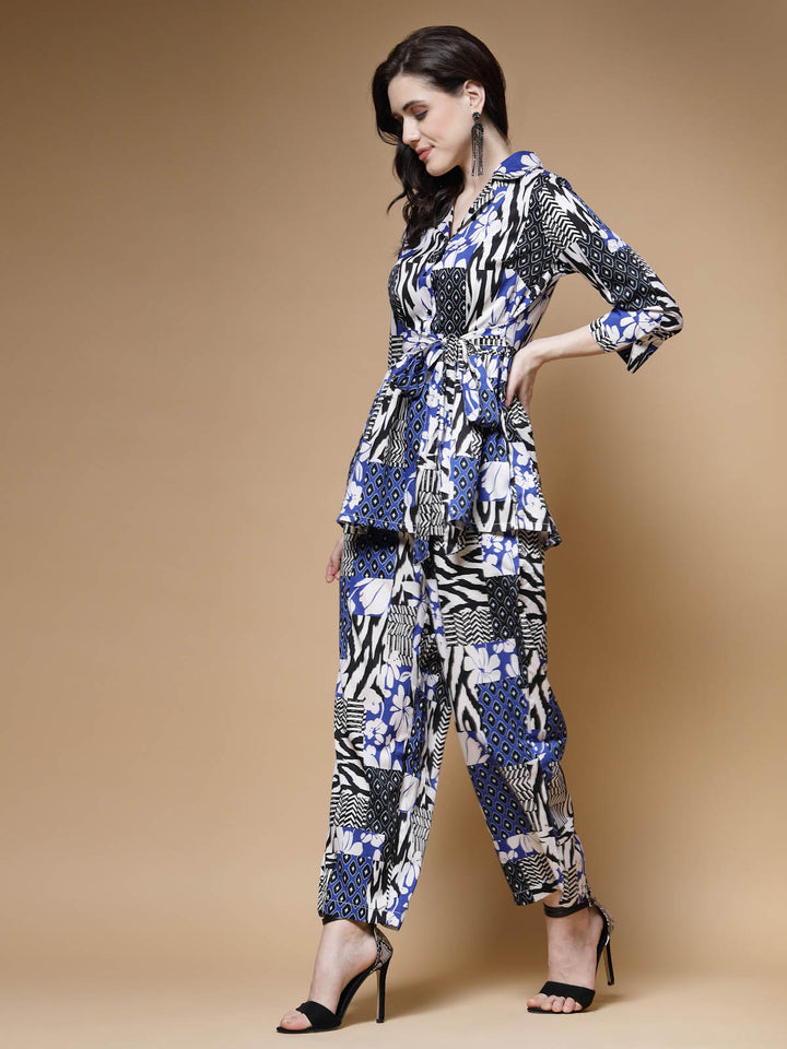 Blue Printed Long Sleeves Shirt With Trousers