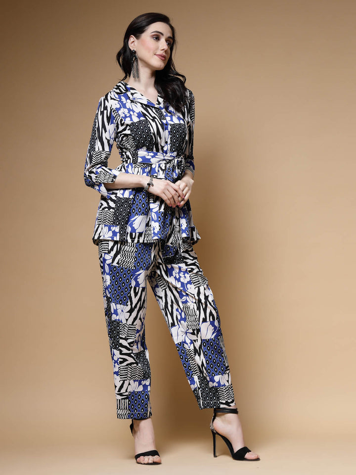 Blue Printed Long Sleeves Shirt With Trousers