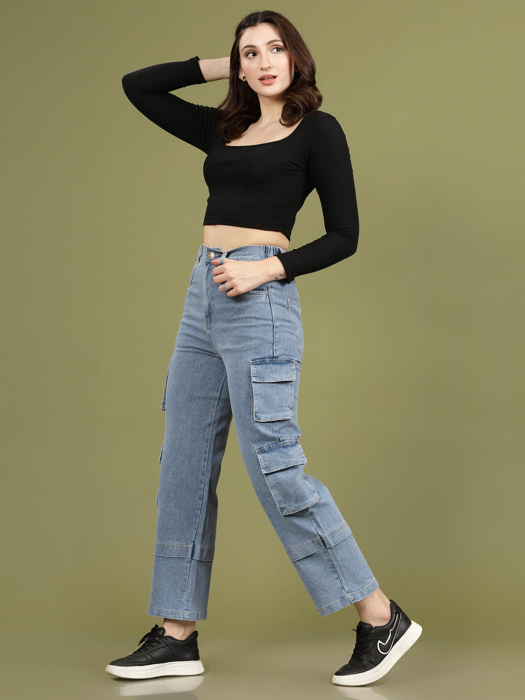 Women Blue High-Rise Clean Look Cotton Cargo Style Jeans