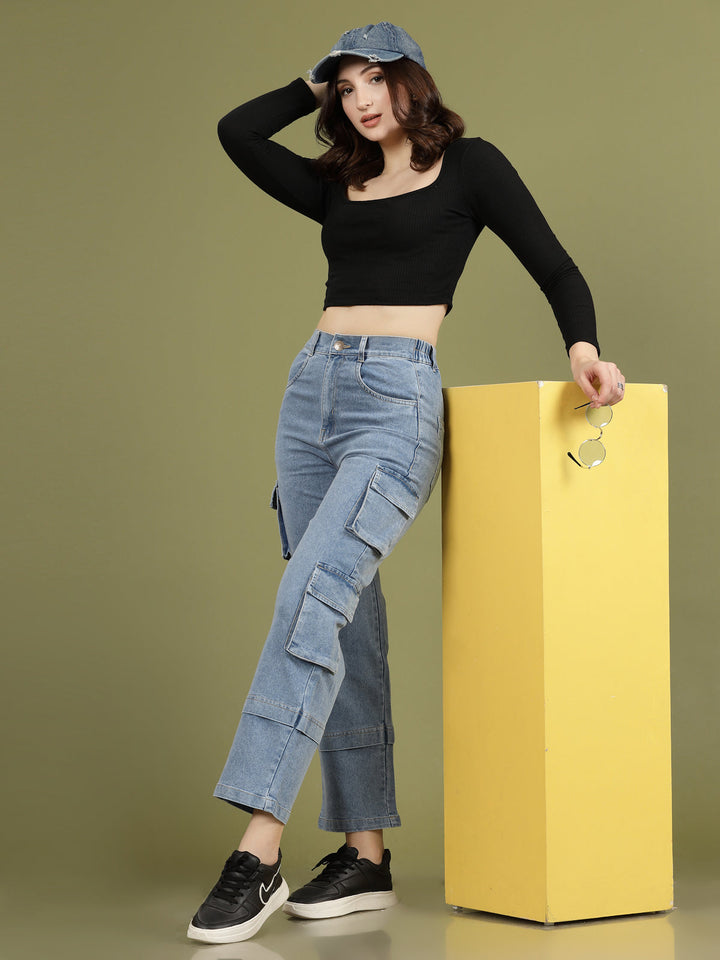 Women Blue High-Rise Clean Look Cotton Cargo Style Jeans