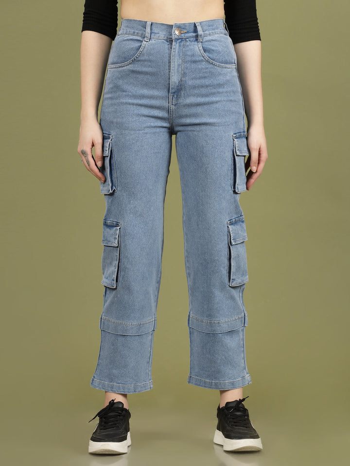 Women Blue High-Rise Clean Look Cotton Cargo Style Jeans