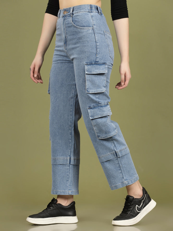 Women Blue High-Rise Clean Look Cotton Cargo Style Jeans