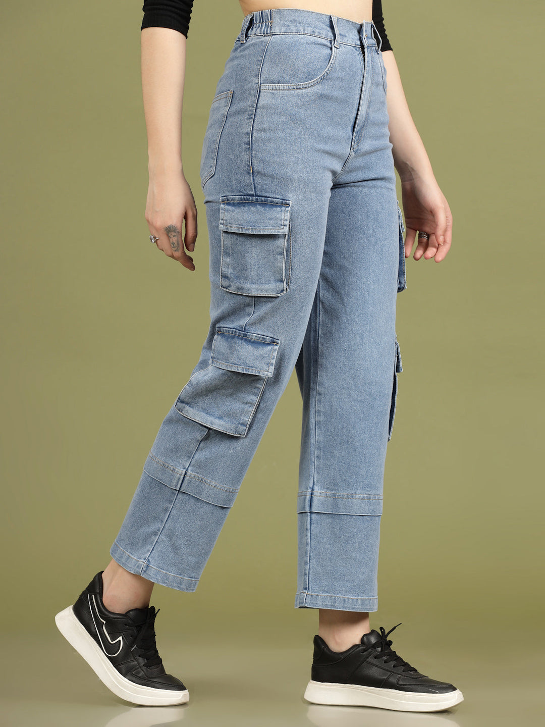 Women Blue High-Rise Clean Look Cotton Cargo Style Jeans